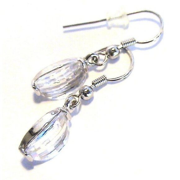 1 1/4" Long Clear Faceted Cubic Zirconia Drop Silver Fish Hook Style Earrings - Picture 1 of 3